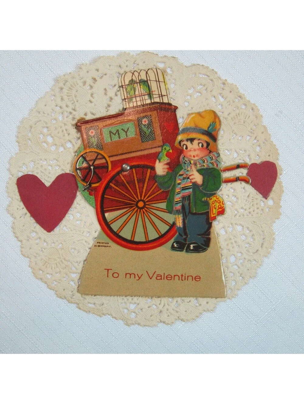 Vintage 1931 Valentine Card Mechanical Boy w/ Birds Wagon Own True Love Germany